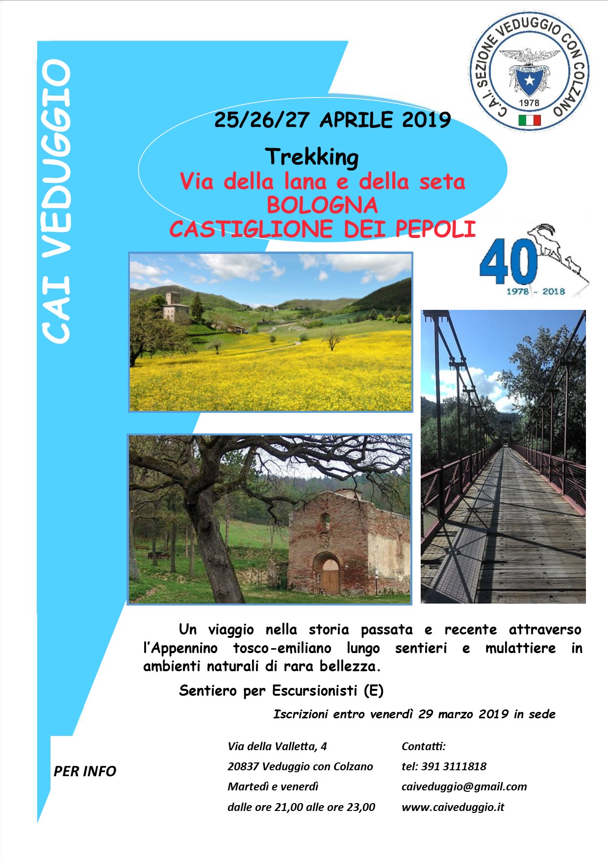 25-26-27 aprile 2019 – Trekking lungo la Via della lana e della seta – 1^ parte – Bologna – Castigione dei Pepoli