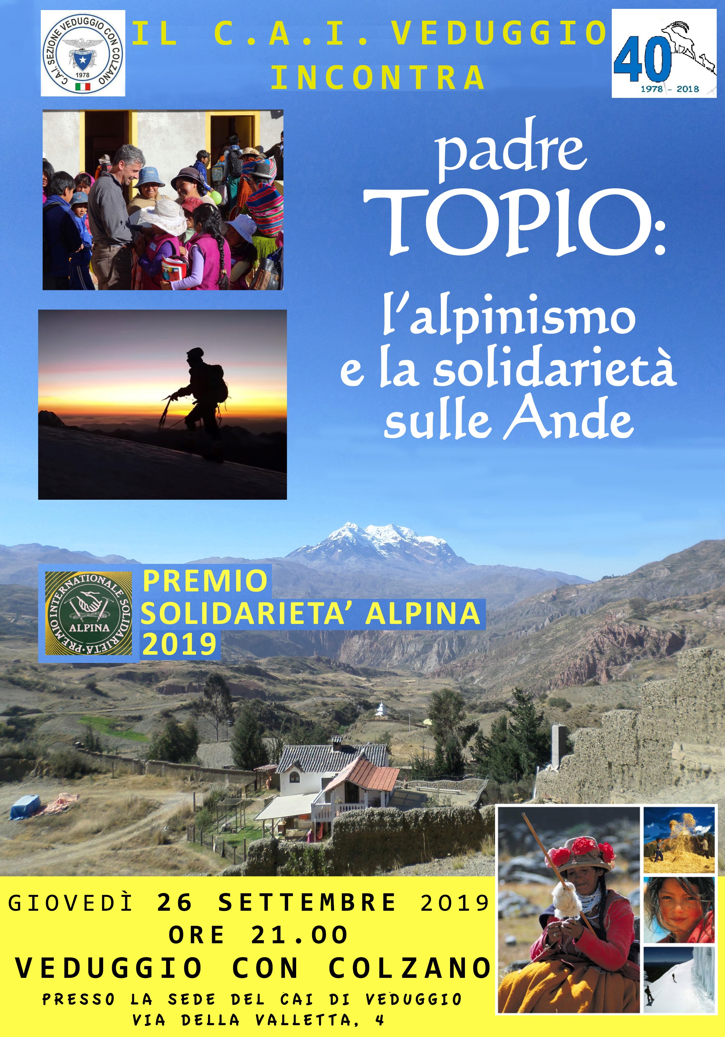 Giovedì 26 settembre 2019 – Incontro con padre Topio – L’alpinismo e la solidarietà sulle Ande