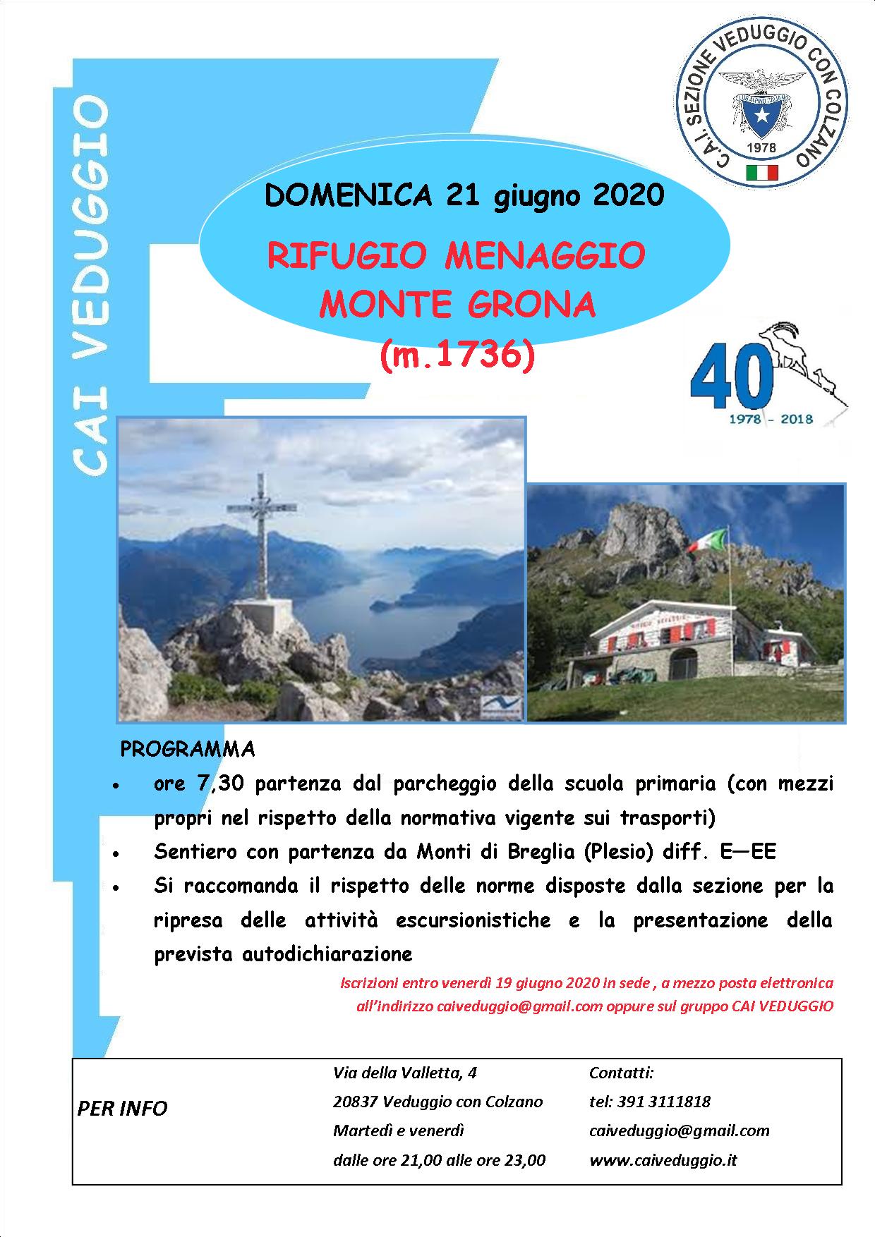 Domenica 21 giugno 2020 – Escursione al Rifugio Menaggio e al Monte Grona (m. 1736)