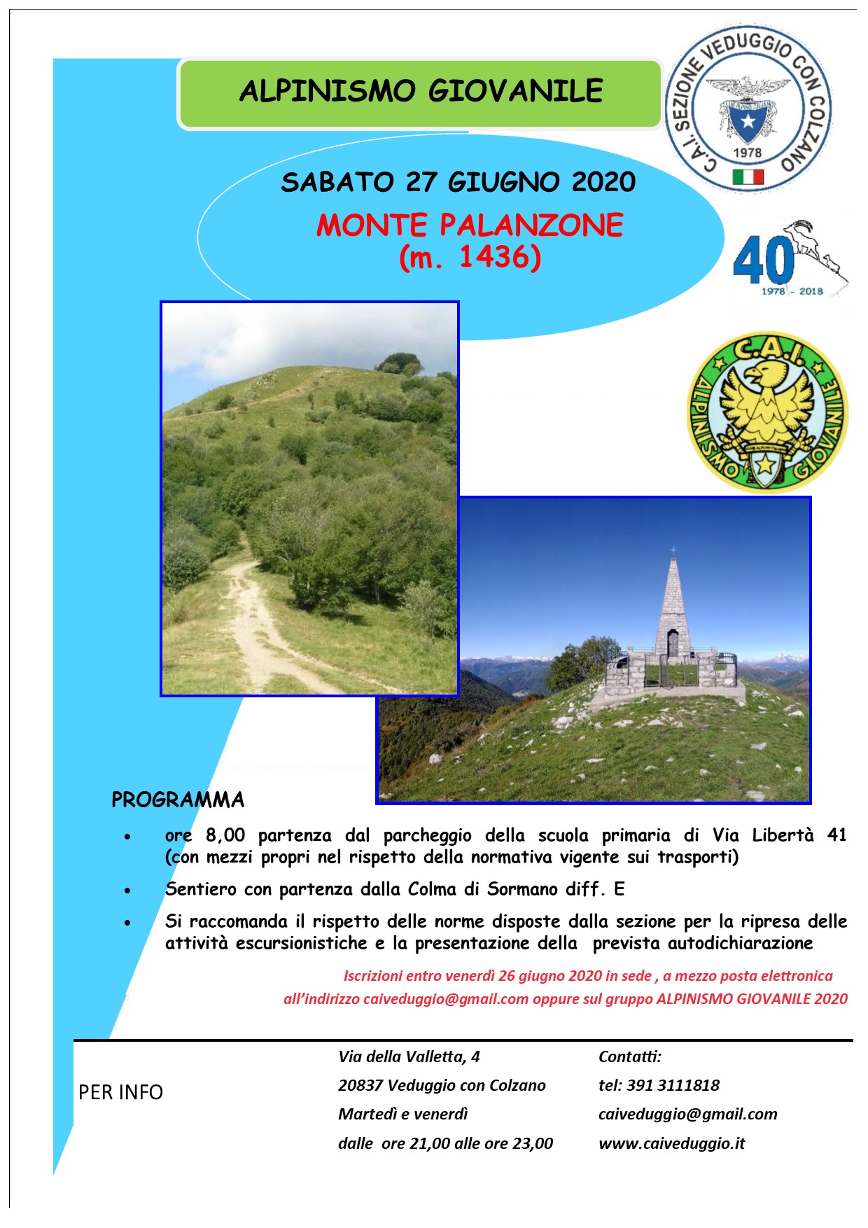Sabato 27 giugno 2020 – Alpinismo Giovanile – Escursione al Monte Palanzone