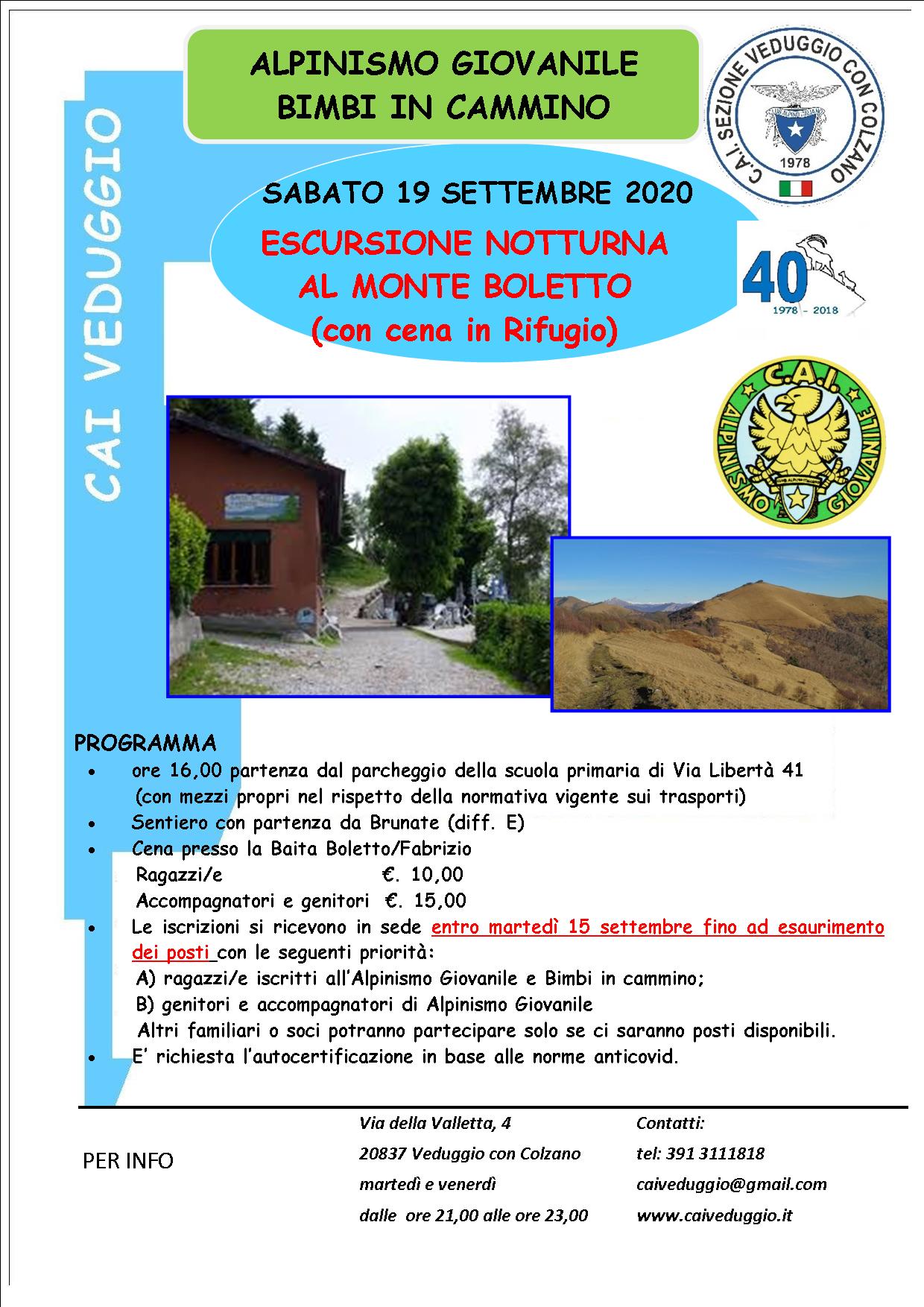 Sabato 19 settembre 2020- Escursione notturna al Monte Boletto