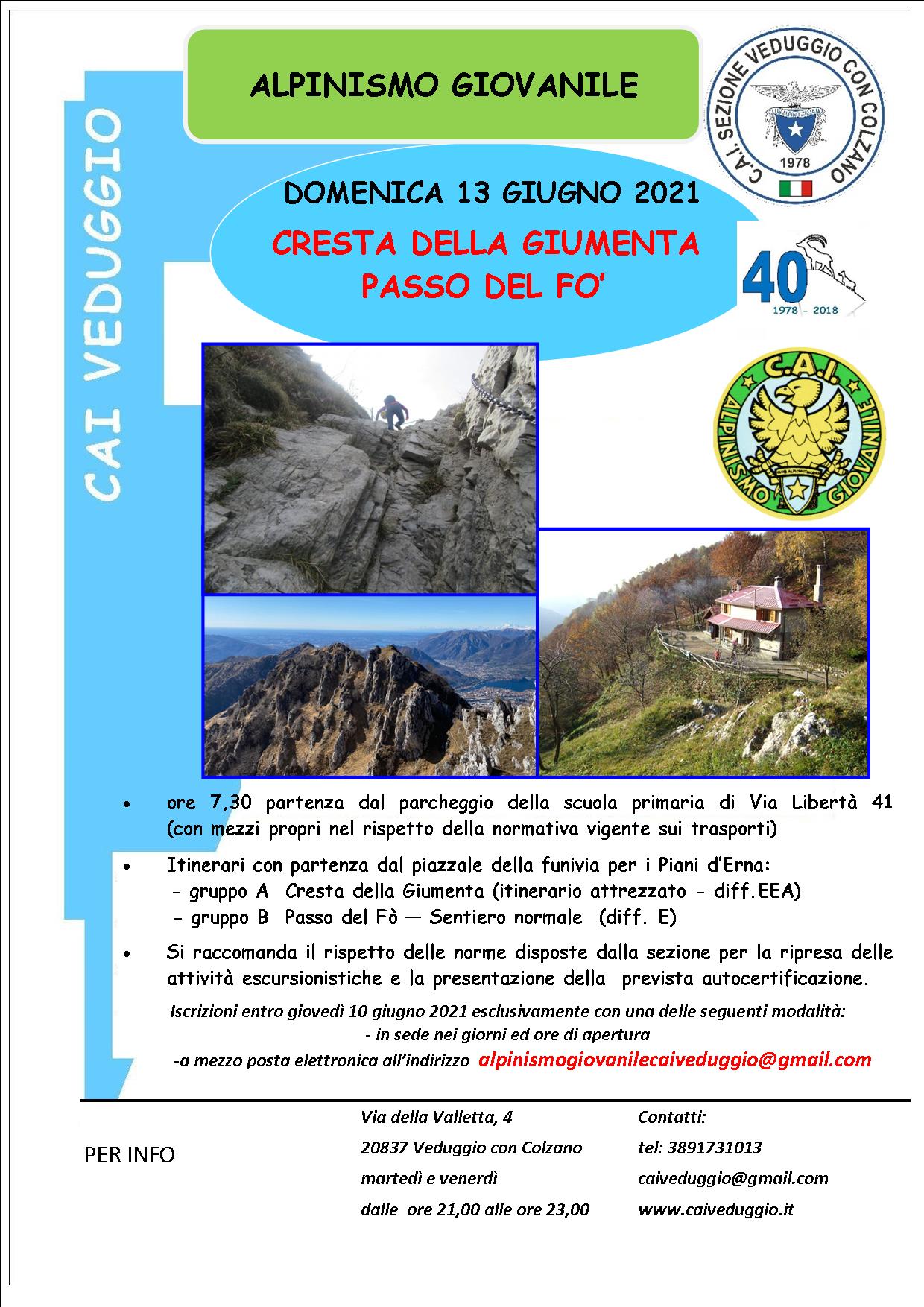 Domenica 13 giugno 2021 – Cresta della Giumenta – Passo del Fò – Alpinismo Giovanile