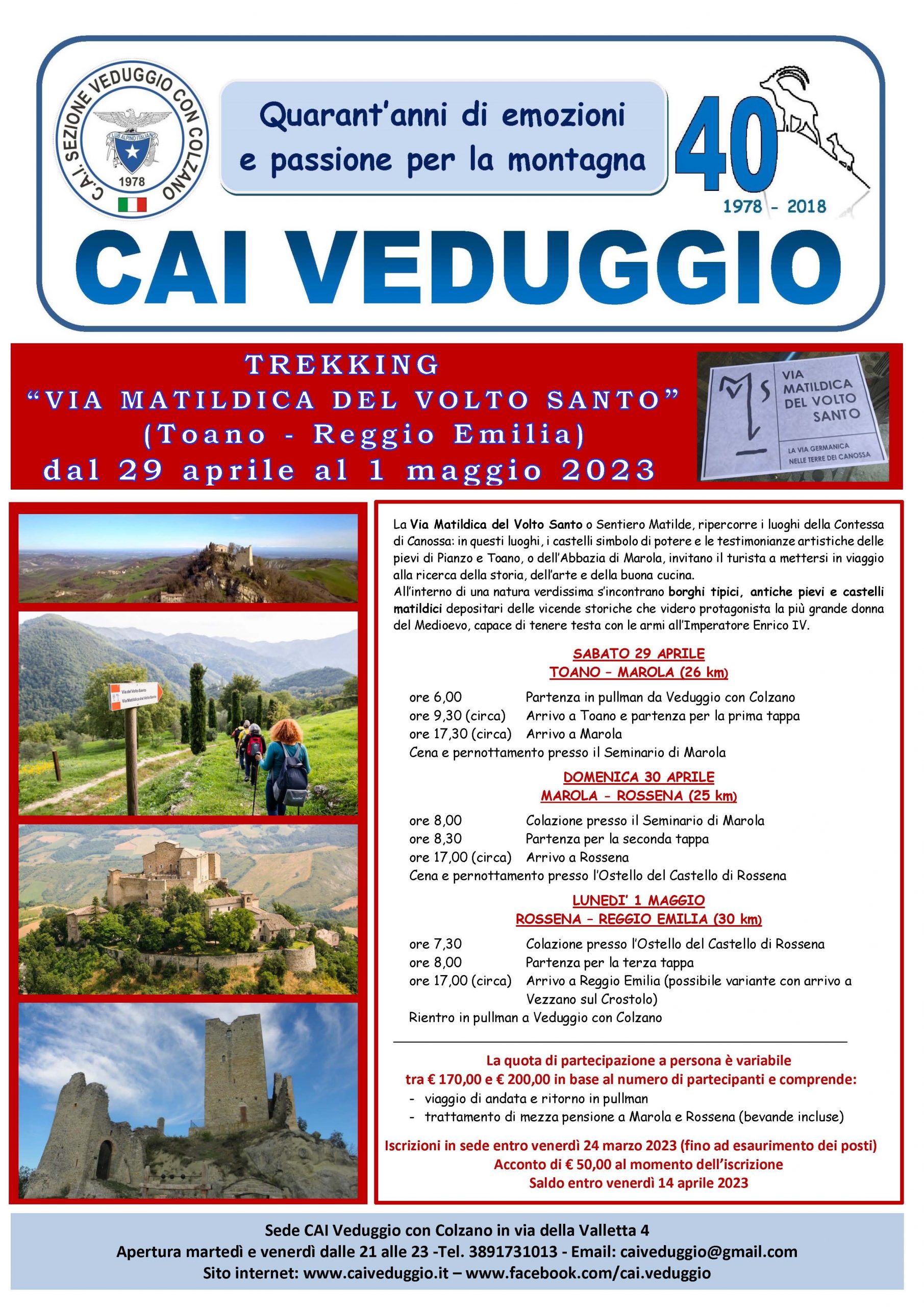29/30 Aprile – 1 maggio 2023 – Trekking lungo la Via Matildica del Volto Santo (Sentiero Matilde) da Toano a Reggio Emilia