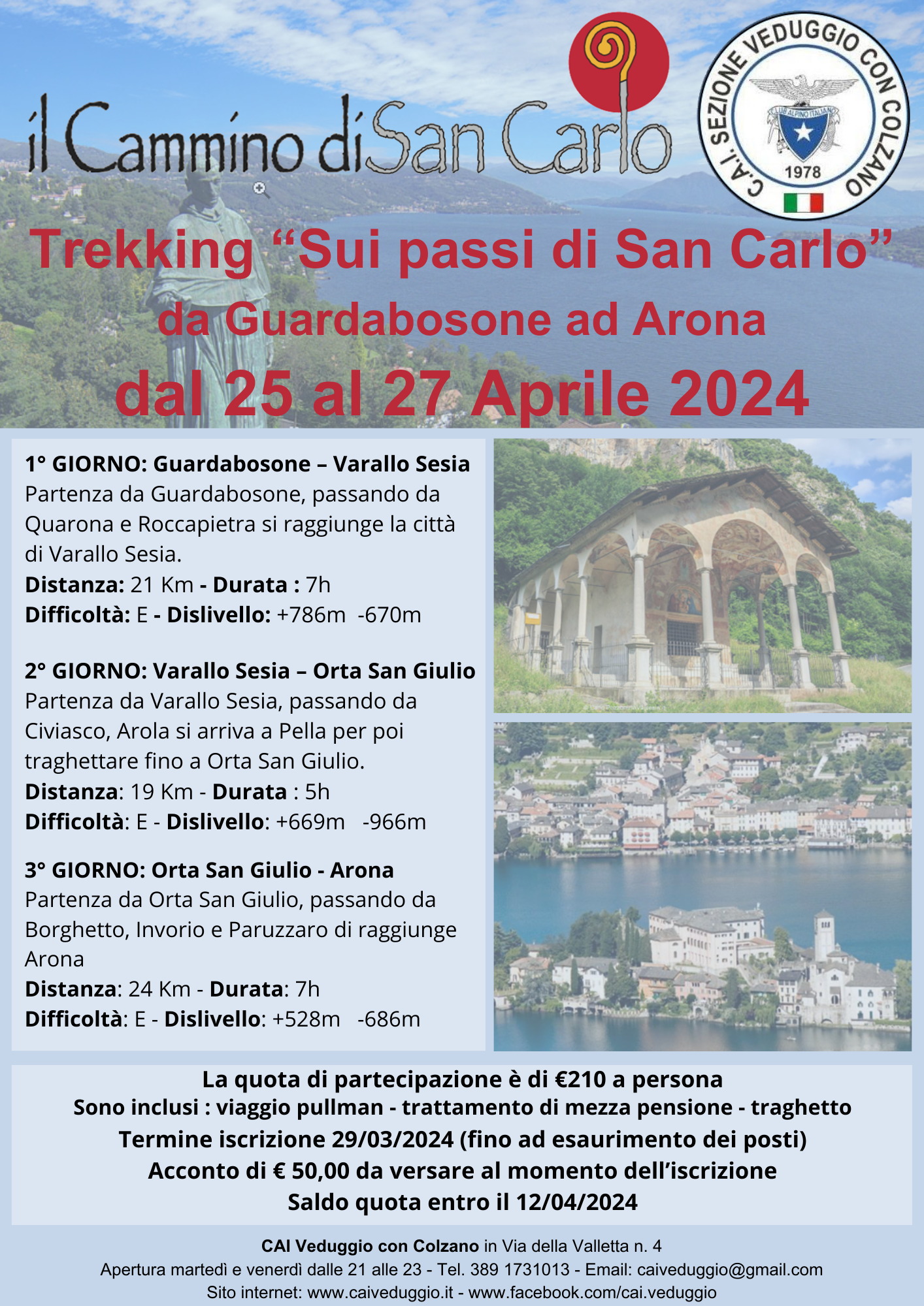 Da giovedì 25 a sabato 27 aprile 2024 – Trekking lungo il cammino di San Carlo